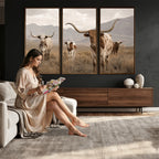Rustic Texas Longhorn Cow Canvas Wall Art Print, Farm Animal Photography