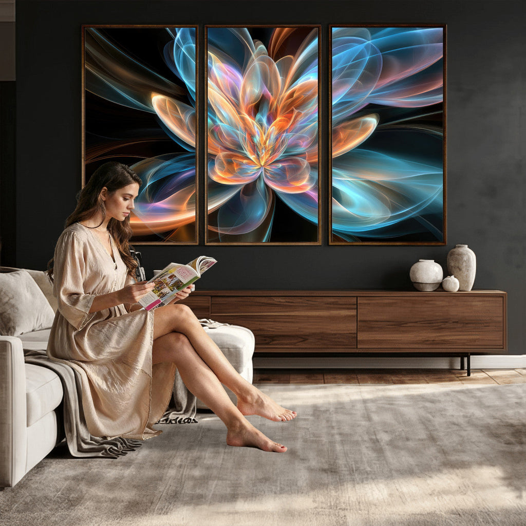 Fractal Lotus Canvas Wall Art, Blue Orange Glowing Flower Abstract Print