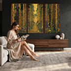 Gustav Klimt Style Forest Canvas Wall Art, Golden Forest Path Floral Art Nouveau Print