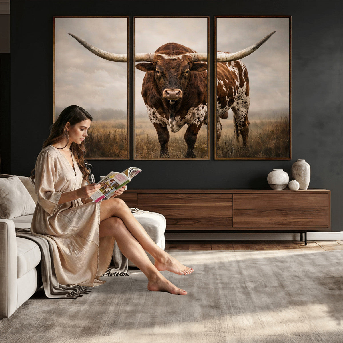 Texas Longhorn Wall Art Canvas Print | Brown Horned Bull Rustic Western Decor