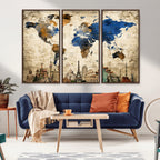 World Map Canvas Print | Vintage Blue and Gold World Map Wall Art