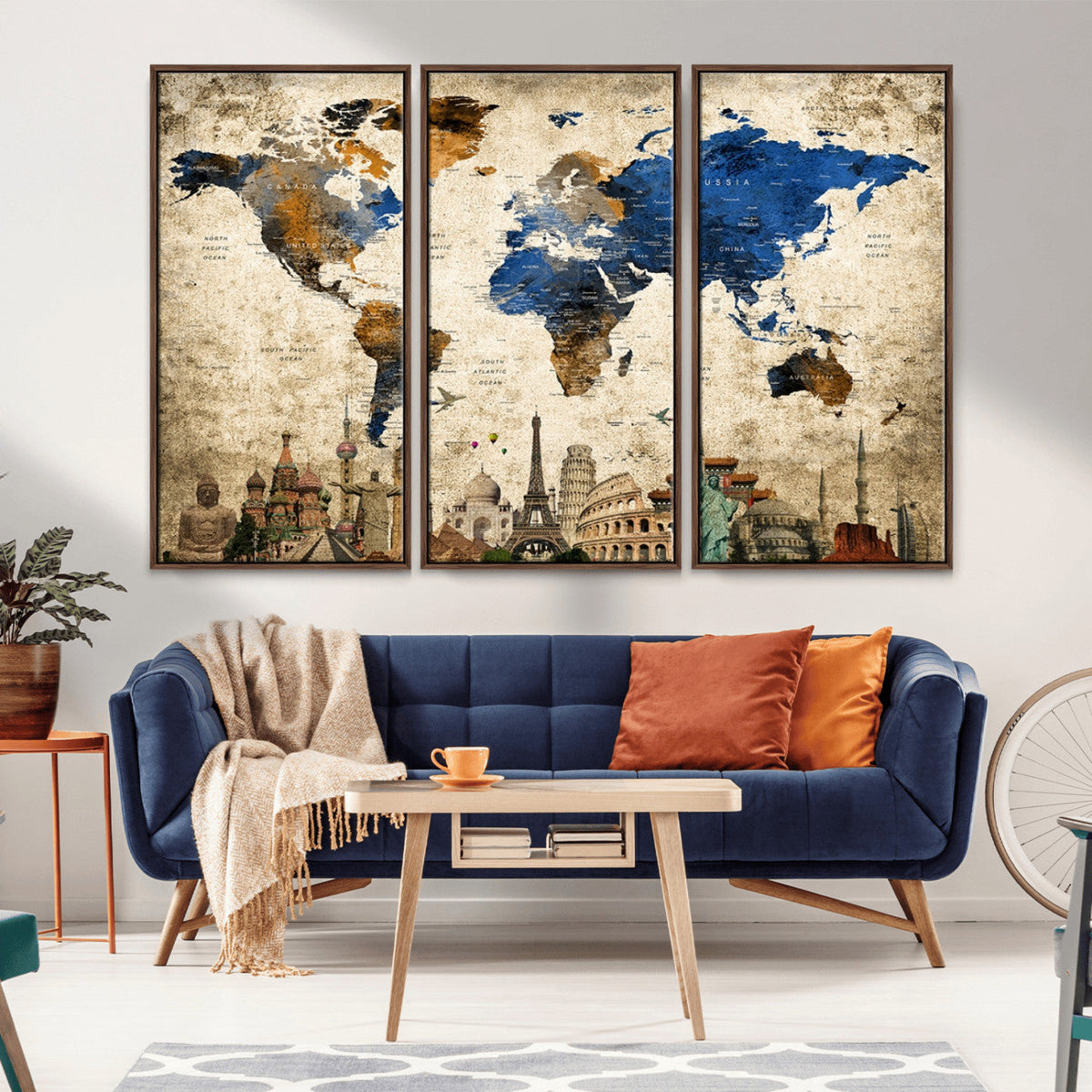 World Map Canvas Print | Vintage Blue and Gold World Map Wall Art