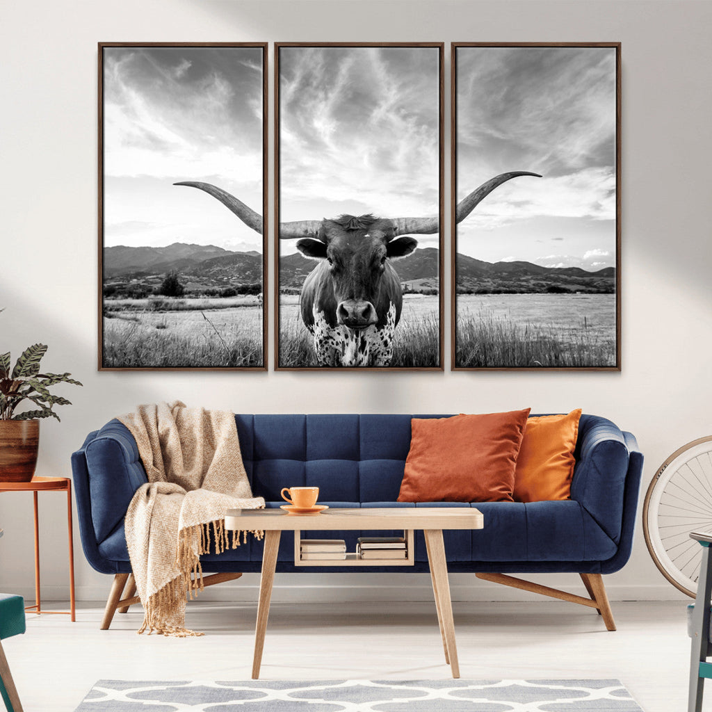 Longhorn Black and White Wall Art | Rustic Western Bull Canvas Print