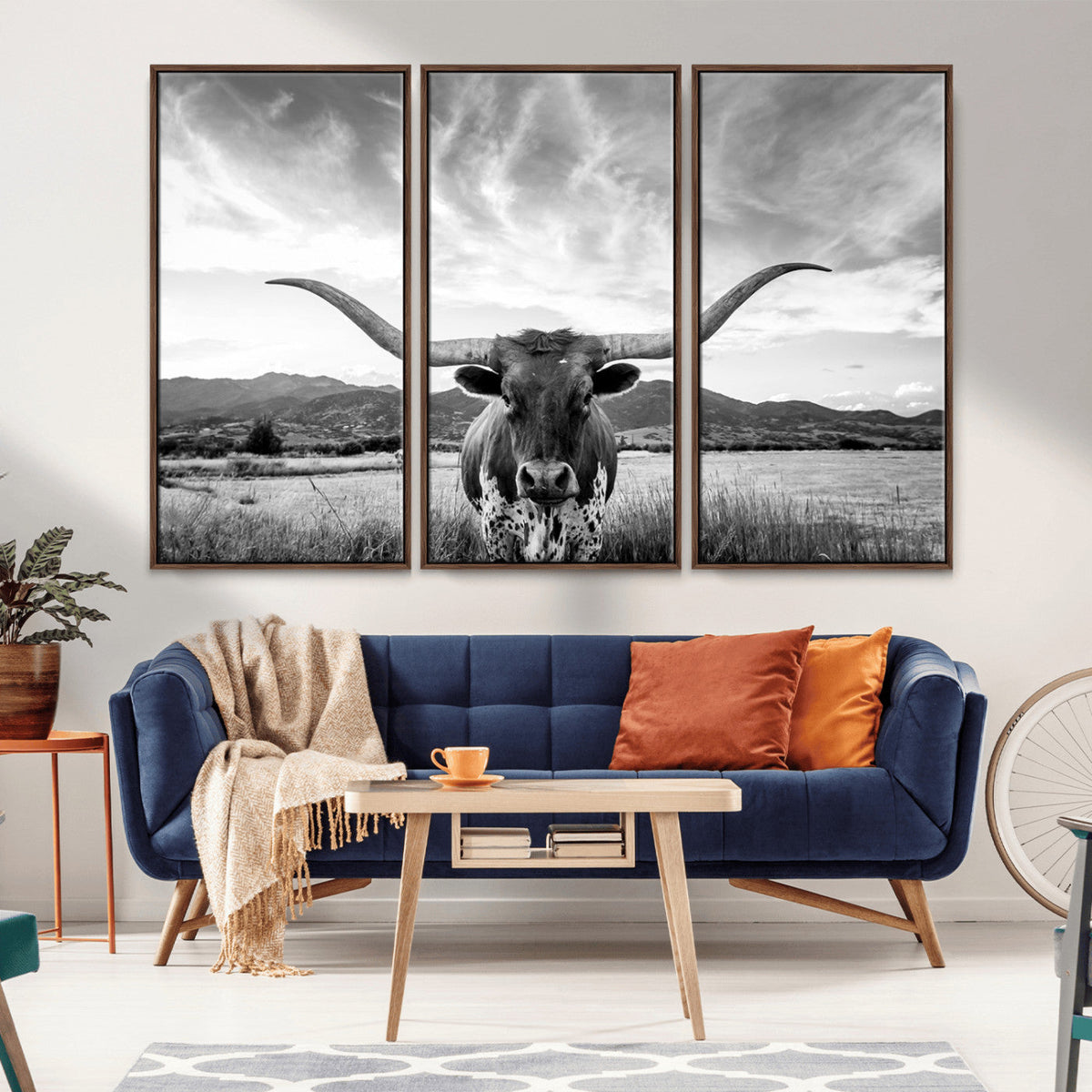 Longhorn Black and White Wall Art | Rustic Western Bull Canvas Print