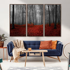 Red Forest Floor Canvas Wall Art | Mystical Foggy Woodland Triptych