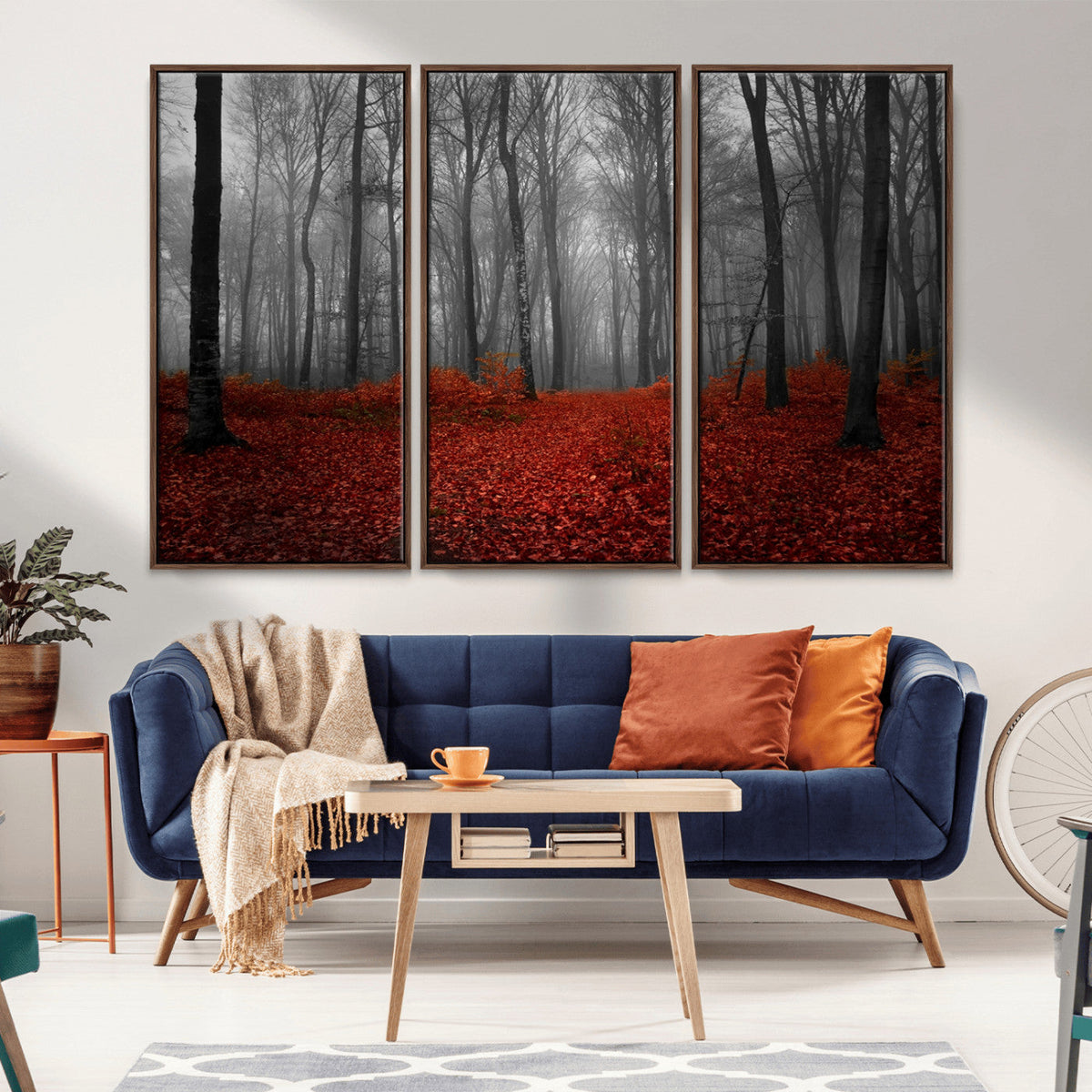 Red Forest Floor Canvas Wall Art | Mystical Foggy Woodland Triptych