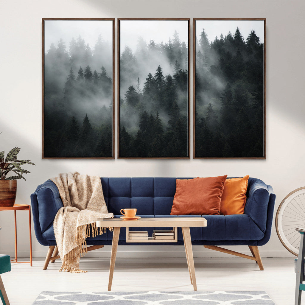 Foggy Forest Wall Art Canvas Print | 3 Panel Large Misty Landscape