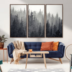 Misty Forest Canvas Wall Art | Monochrome Triptych Pine Tree Print