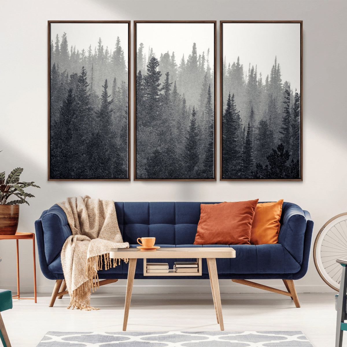 Misty Forest Canvas Wall Art | Monochrome Triptych Pine Tree Print