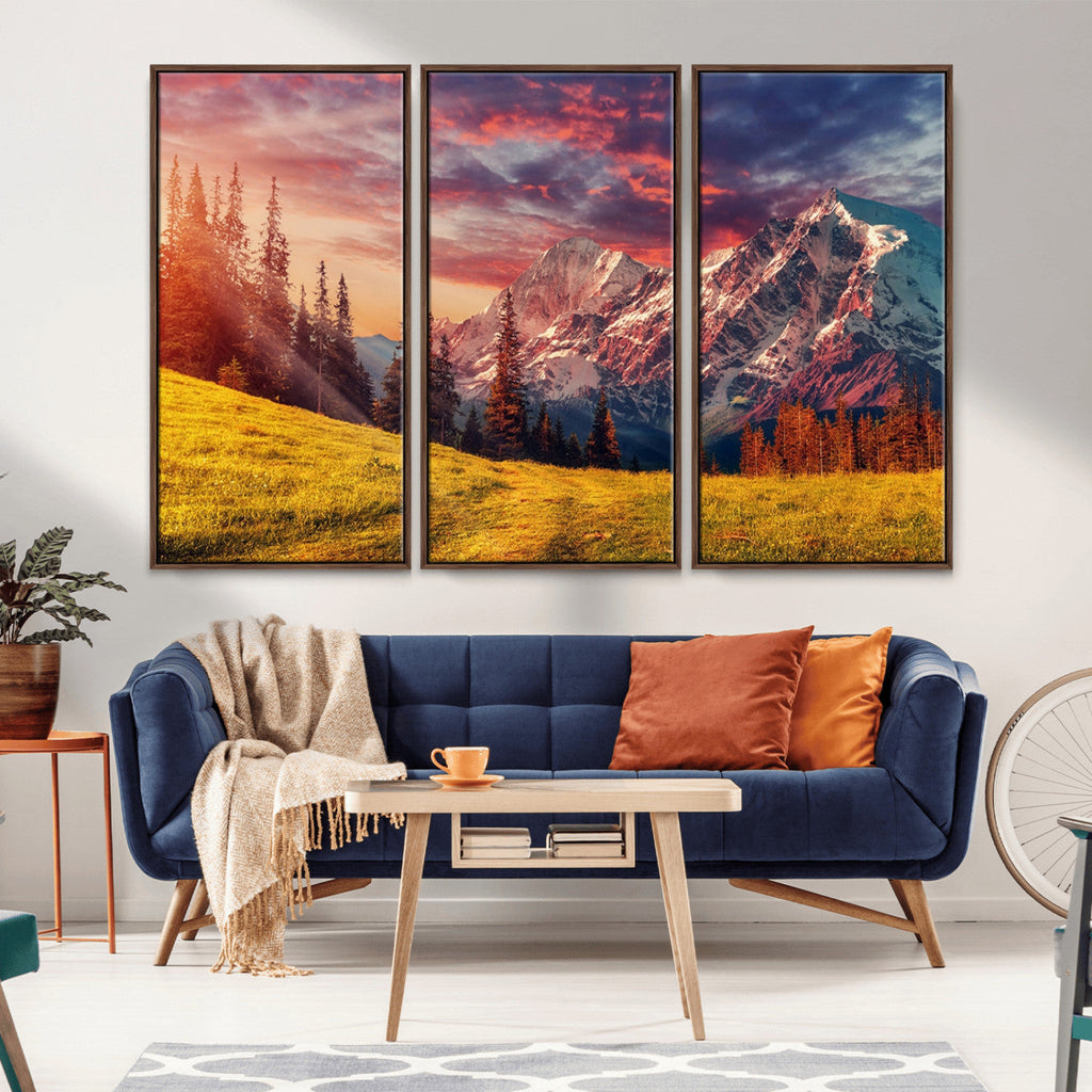 Mountain and Daylight Red Sunset Wall Art Canvas Print