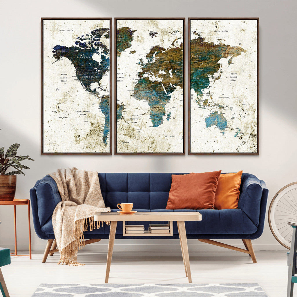 Vintage World Map Wall Art Canvas Print, Framed Rustic Earth Tone Map