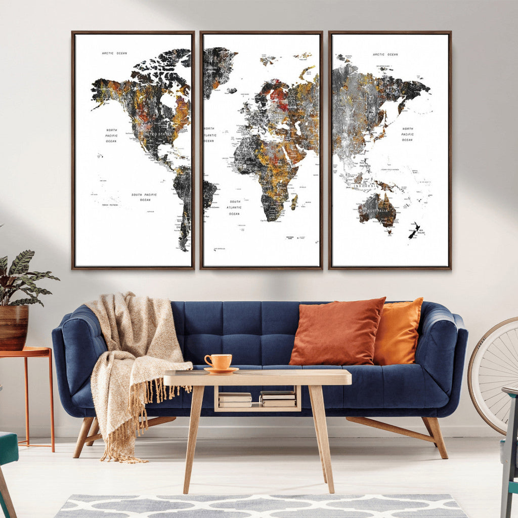 Modern Metallic World Map Canvas Wall Art | Framed Contemporary World Map Print