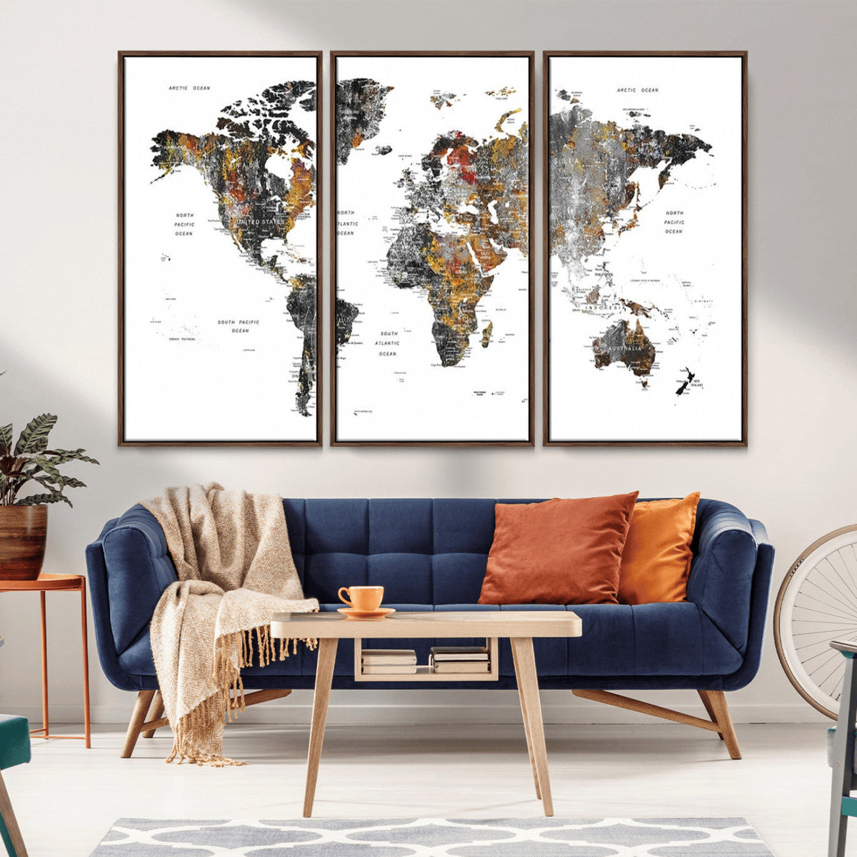 Modern Metallic World Map Canvas Wall Art | Framed Contemporary World Map Print