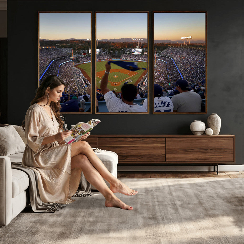Dodger Stadium Sunset Game Triple Canvas Wall Art, Los Angeles Dodgers MLB Match