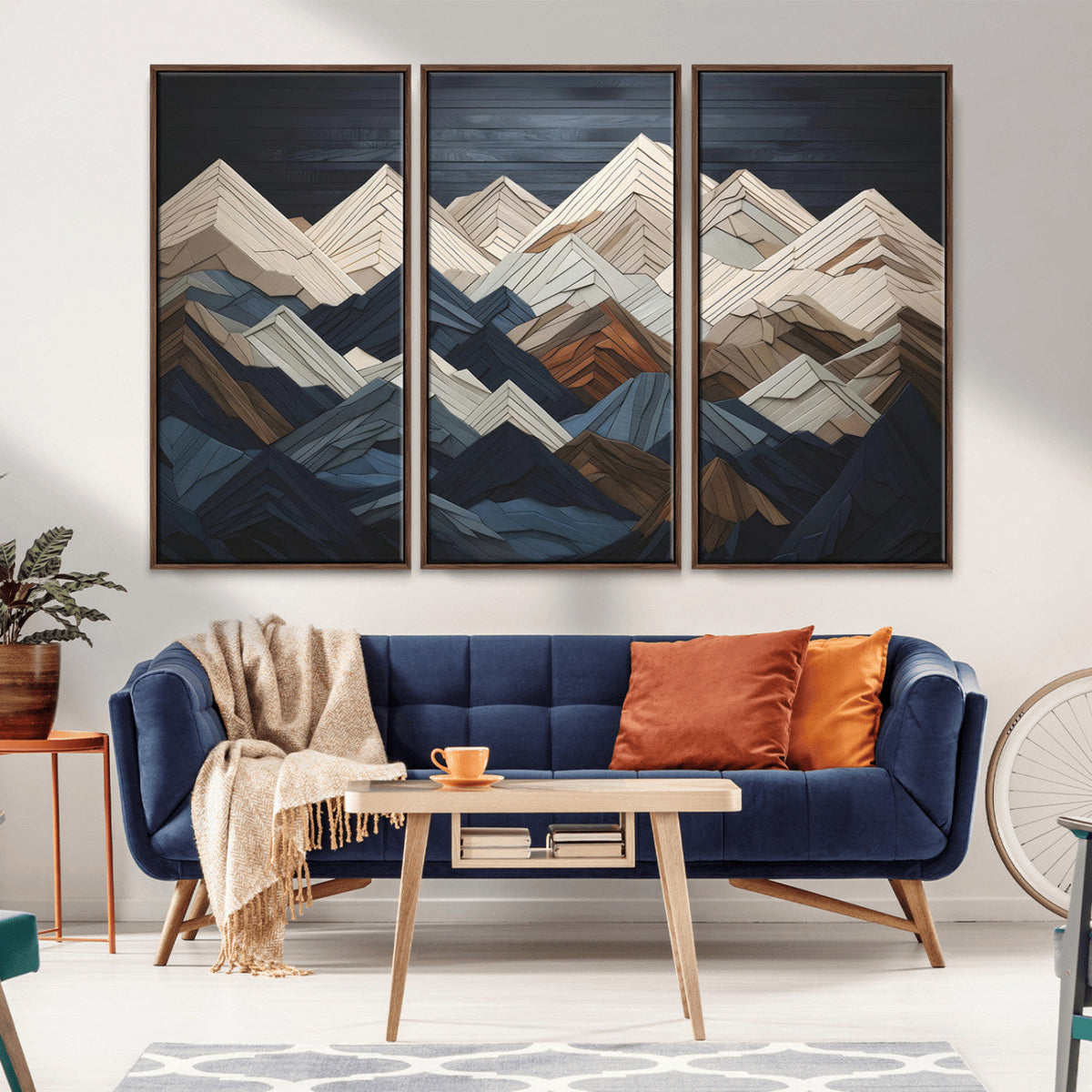 Rustic Mountain Landscape Wall Art Canvas Print, Framed 3D Wooden Effect Mountain Art
