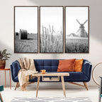 Vintage Farmhouse Black and White Triptych Wall Art, Giclee Canvas with Wheat Fields, Hay Bales and Windmill