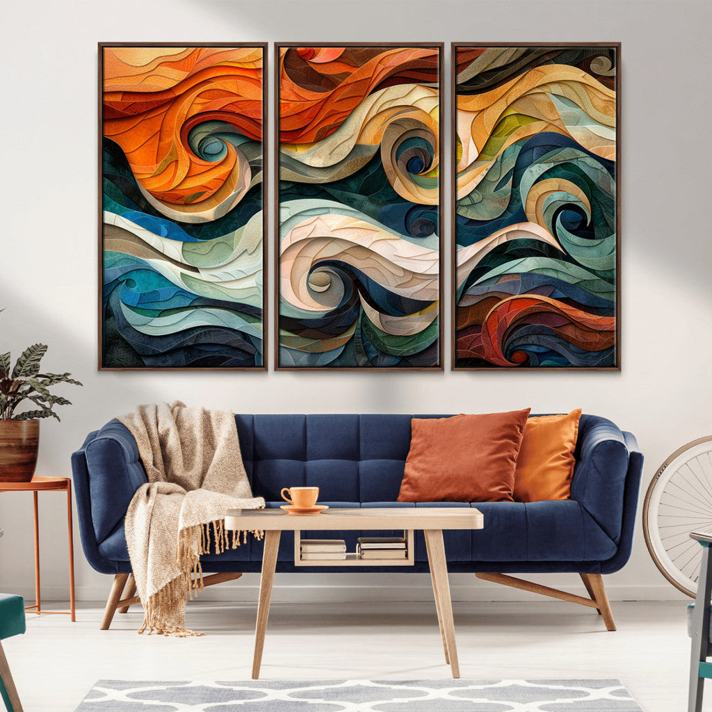 Abstract Wave Wall Art, Ready to Hang Framed Canvas Print | Extra Large 3 Piece Canvas Wall Art