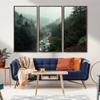 Misty Forest Wall Art, Tranquil Nature Landscape, Ready to Hang | Extra Large 3 Piece Canvas Wall Art