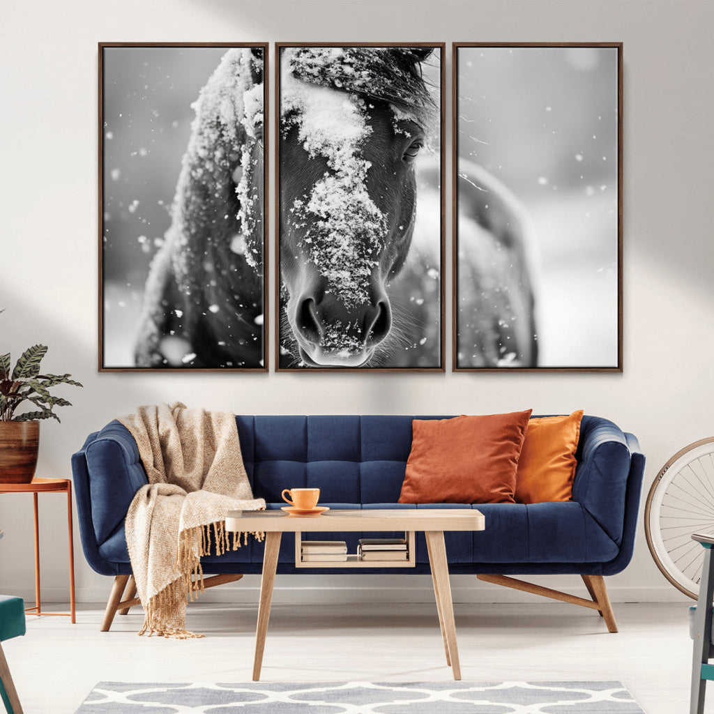 Black and White Horse Winter Wall Art, Ready to Hang