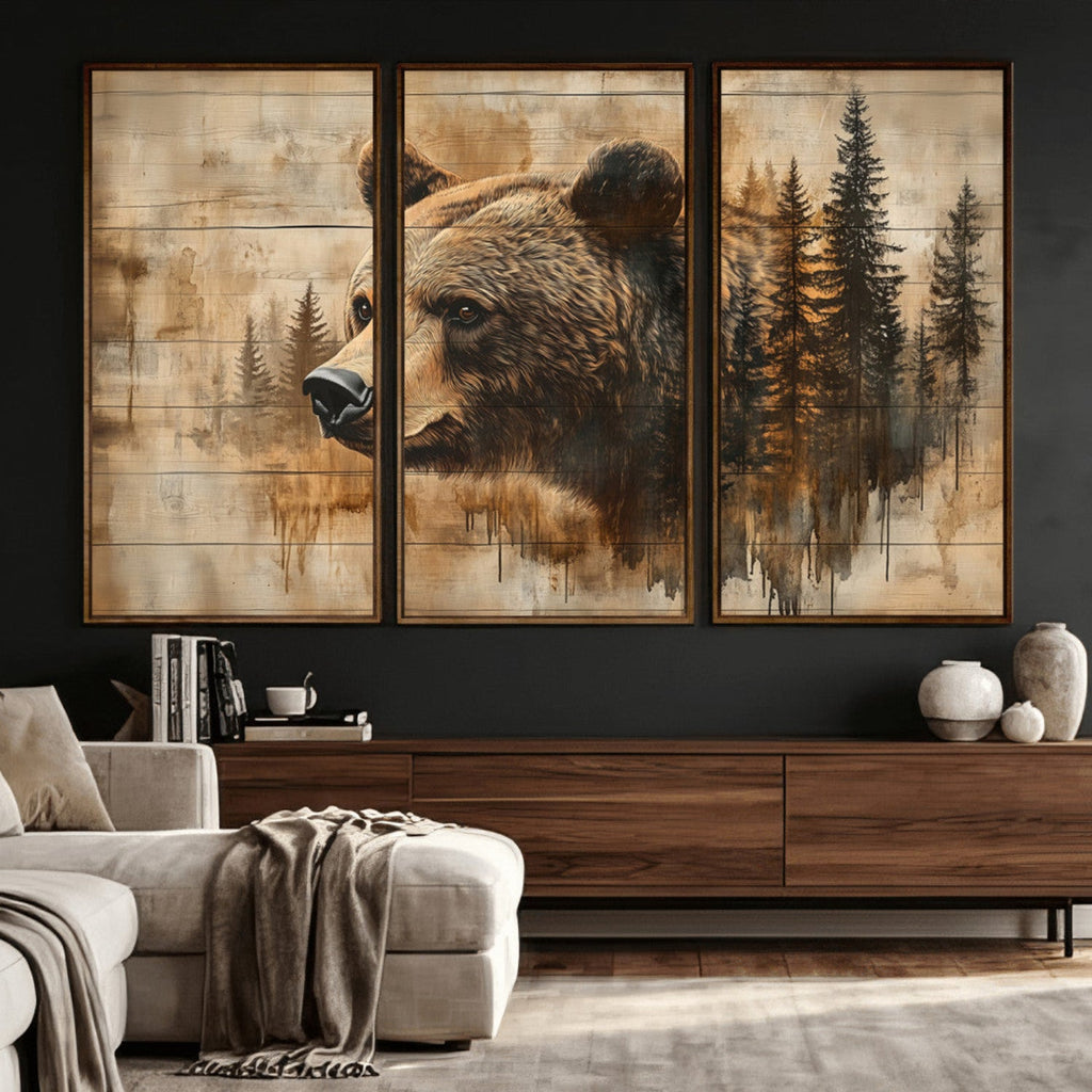 Rustic Grizzly Bear Wall Art, Abstract Grizzly 399 Bear Canvas Print, Woodland Wildlife
