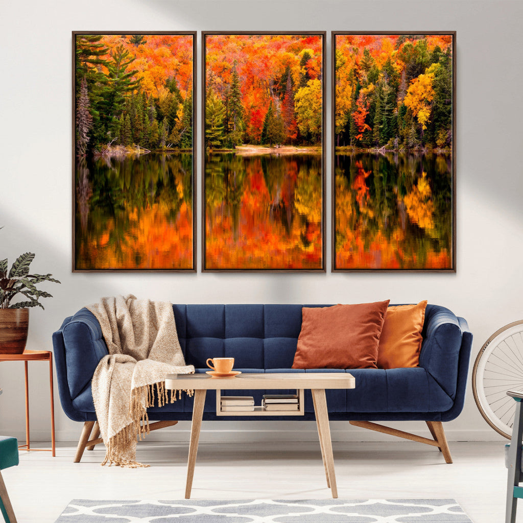 Forest Reflection Art | Autumn Forest Reflection Wall Art | Triptych Canvas Print