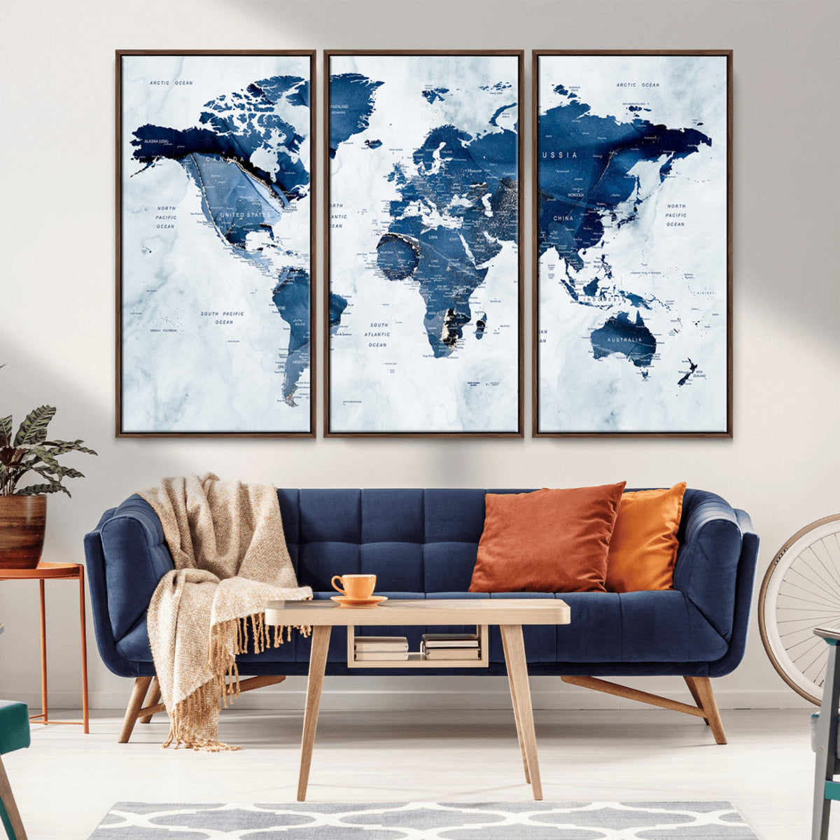 Modern Blue World Map Canvas Print | Elegant Travel Map Wall Art for Home Office