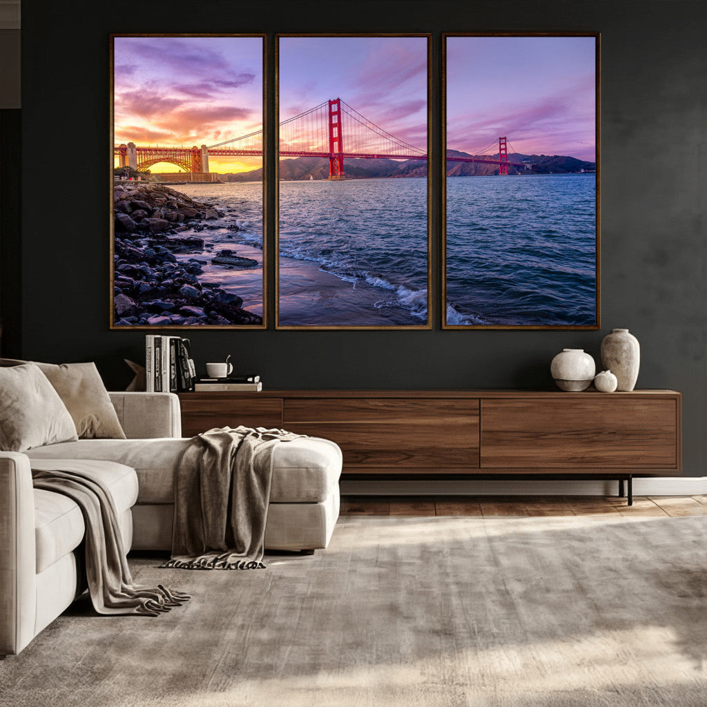 Golden Gate Bridge Wall Art Canvas Print, Framed San Francisco Sunset Landmark