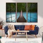 Suspension Bridge Over River Canvas Art | 3-Panel Nature Wall Art