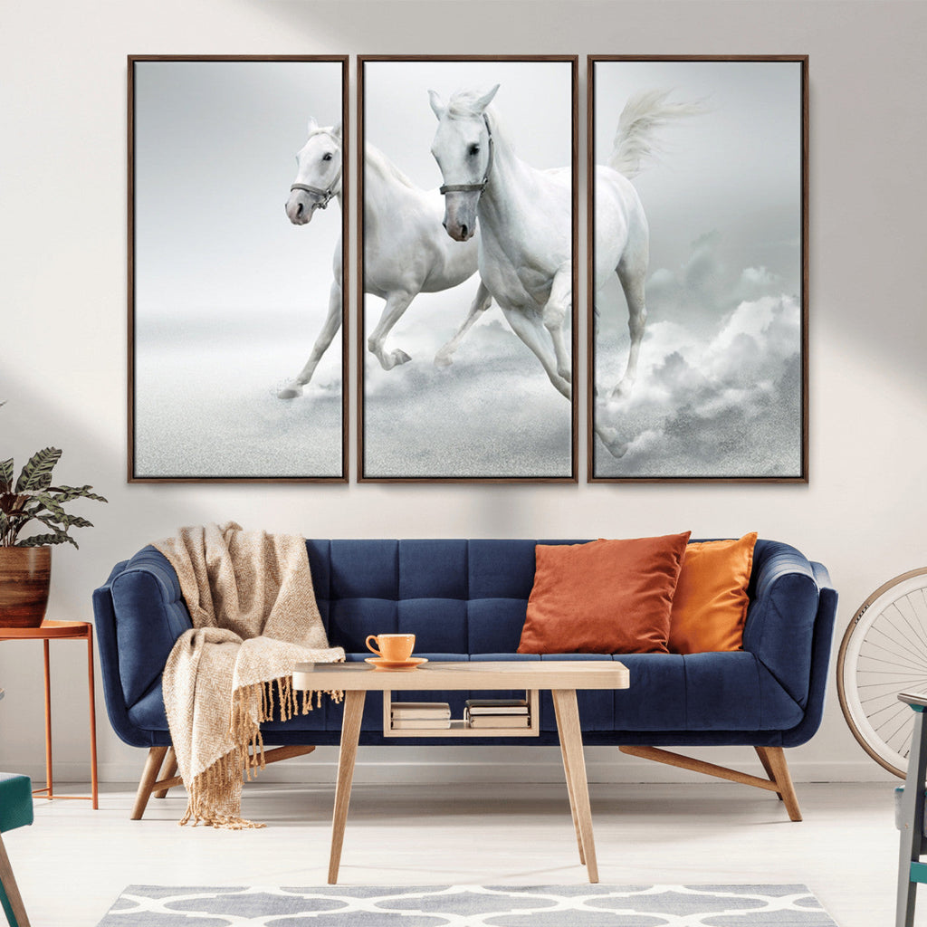 Large Wall Art Canvas Print, Beautiful Running White Horses