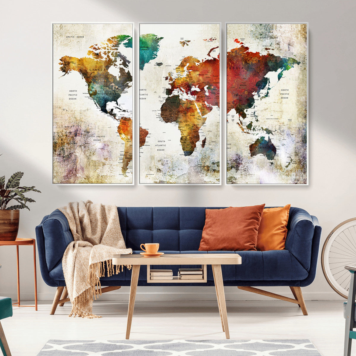 Watercolor World Map Canvas Print | Framed Travel Map Wall Art for Couples