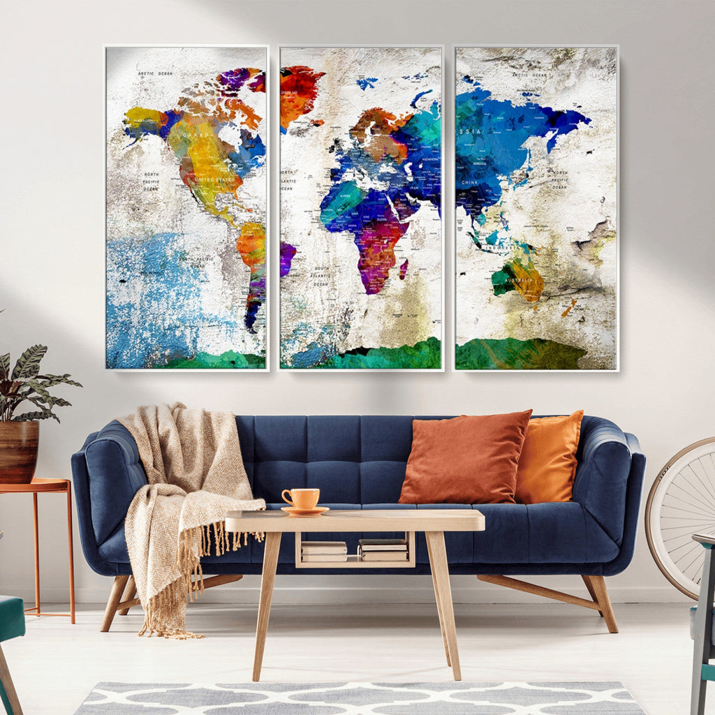 Navy Blue and Orange Watercolor World Map Canvas Print | Framed Travel Map