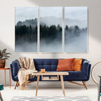 Autumn and Misty Trees in the Forest Wall Art Canvas Print, Foggy Forest Mountain Wall Art