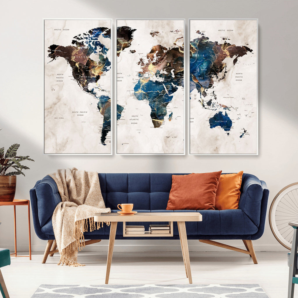 Abstract Earth Tone Blue World Map Canvas Print | Framed Travel Map Wall Art