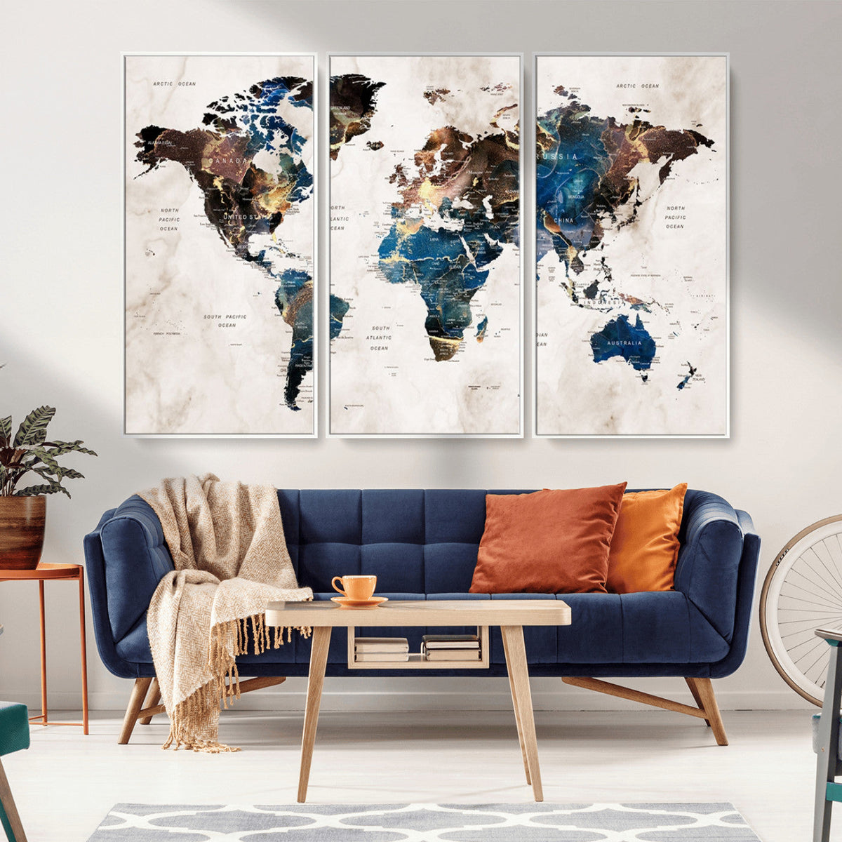 Abstract Earth Tone Blue World Map Canvas Print | Framed Travel Map Wall Art