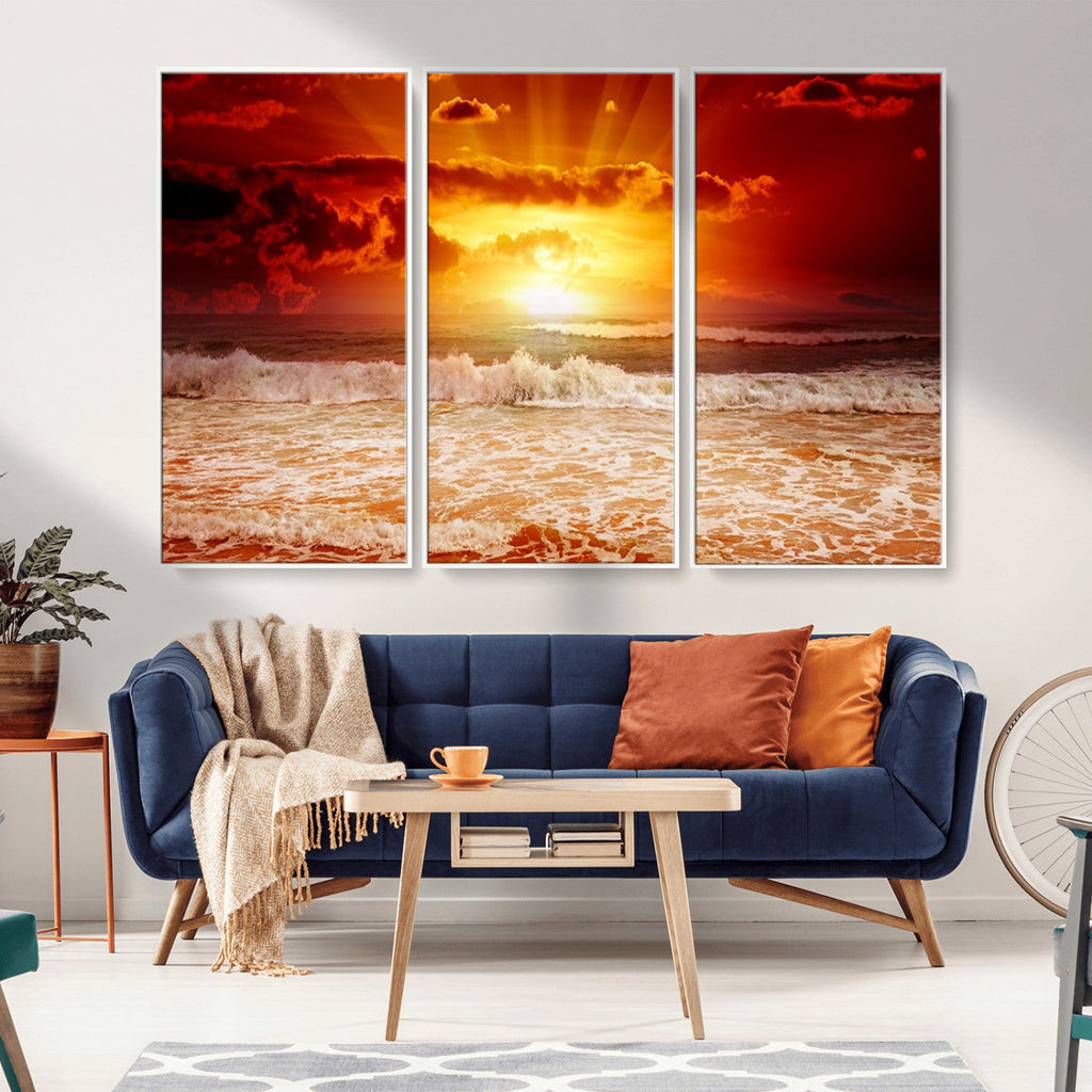 Red Sunset Ocean Beach Canvas Wall Art, Coastal Sunset Print