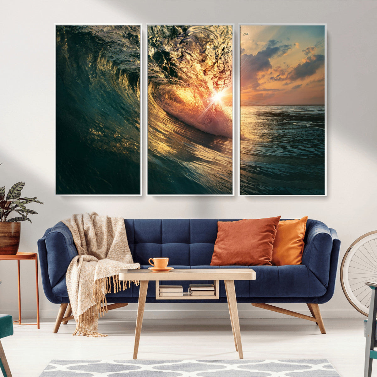 Ocean Wave Sunset Canvas Wall Art | Triptych Seascape Print