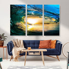 Ocean Wave at Sunset Canvas Art, Large Wall Print of Vibrant Surfing Wave