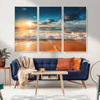 Golden Sunset Beach Triptych Canvas Art, Giclee Coastal Wall Decor, Ocean Waves Print