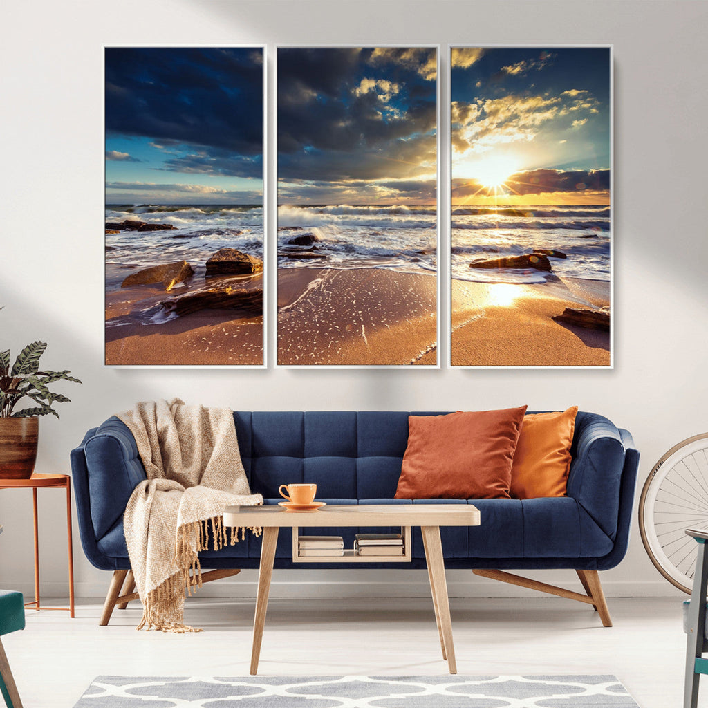 Golden Hour Beach Sunset Canvas Triptych, Ocean Waves and Rocks Wall Art
