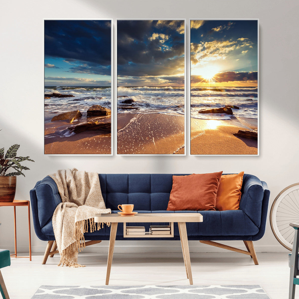 Golden Hour Beach Sunset Canvas Triptych, Ocean Waves and Rocks Wall Art