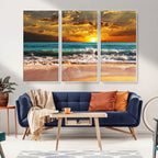 Golden Sunset Beach Canvas Wall Art | Triptych Seascape Print, Framed and Ready to Hang