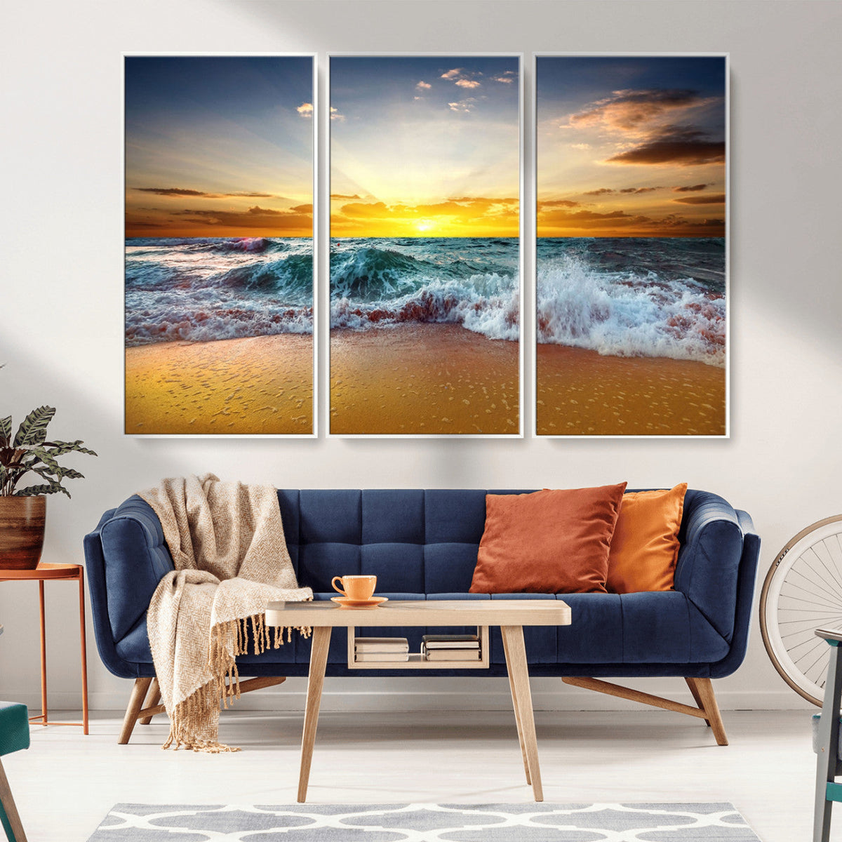 Golden Sunset Ocean Waves Wall Art Canvas Print | Multi Panel Beach Canvas Set, Coastal Triptych