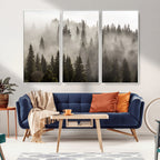 Foggy Mountain Wall Art | 3-Panel Foggy Forest and Mountain Landscape Canvas Print