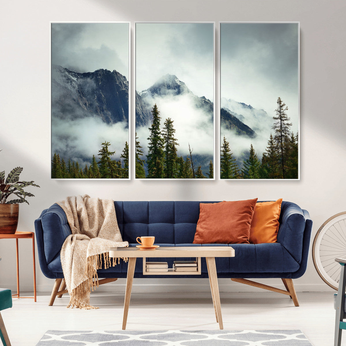 Mountain Mist Canvas Wall Art Print | 3-Panel Foggy Forest and Mountain Landscape