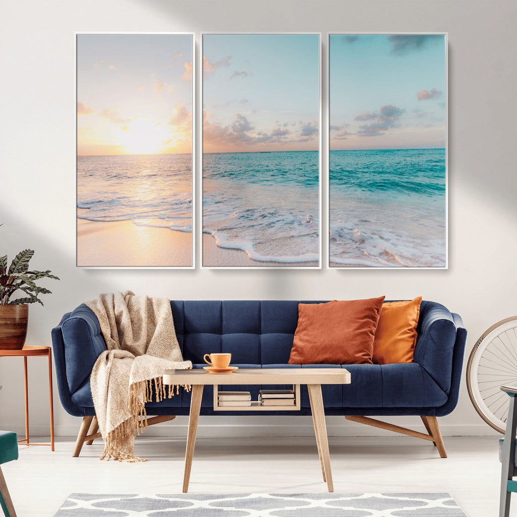 Tranquil Ocean Beach Sunset Canvas Wall Art | 3-Panel Coastal Decor