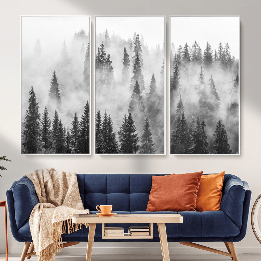 Forest Wall Art Print | Foggy Pine Forest Canvas Wall Art, Black and White Nature Decor