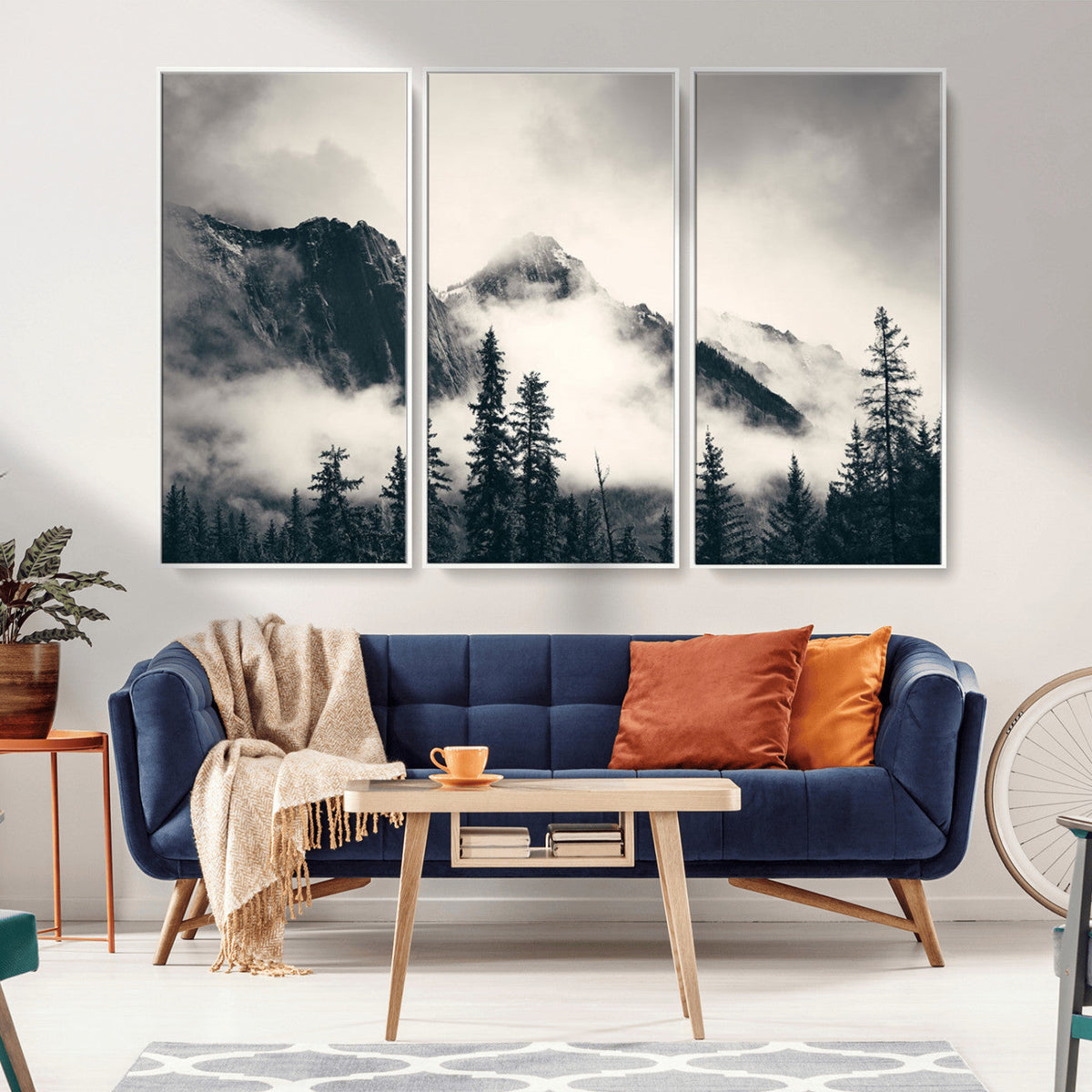 Forest Mountain Print | Black and White Canvas Wall Art with Misty Forest Design