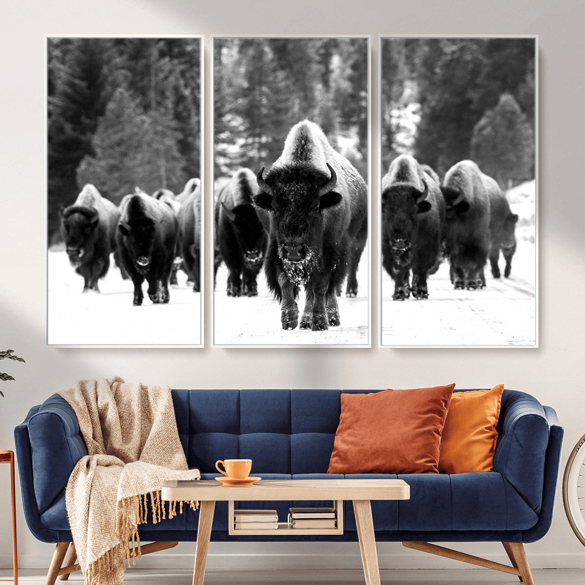 Bison Herd in Snow Wall Art Canvas Print | Rustic Western Bison Wall Art for Living Room and Farmhouse Decor
