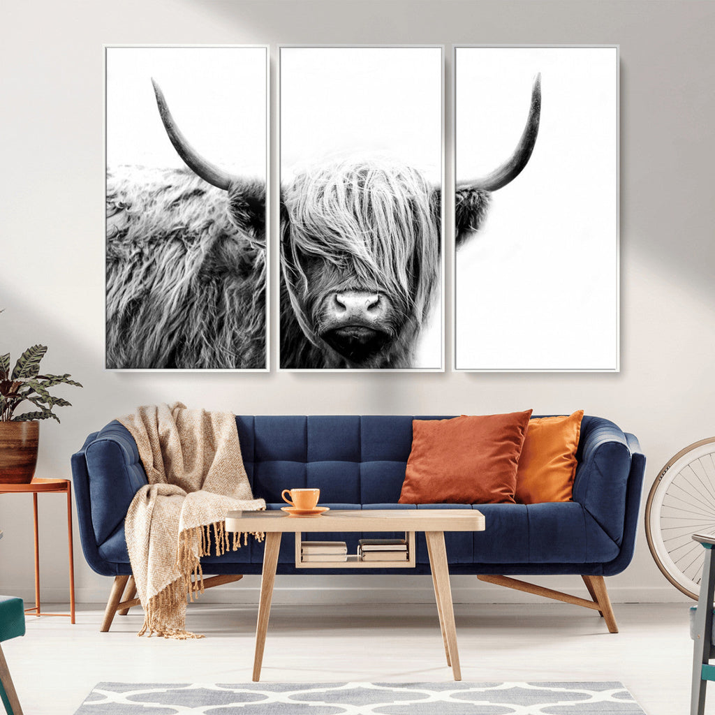 Black White Scottish Highland Cow Cattle Art Print Farmhouse Decor