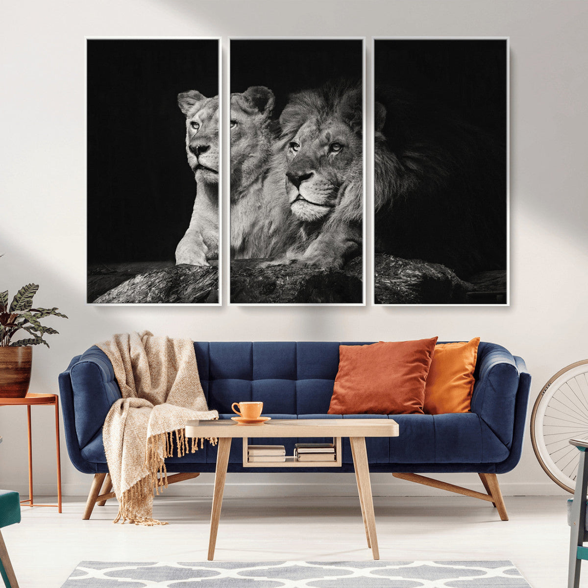 Lion Couple Wall Art Canvas Print, Elegant Black and White Wildlife Portrait